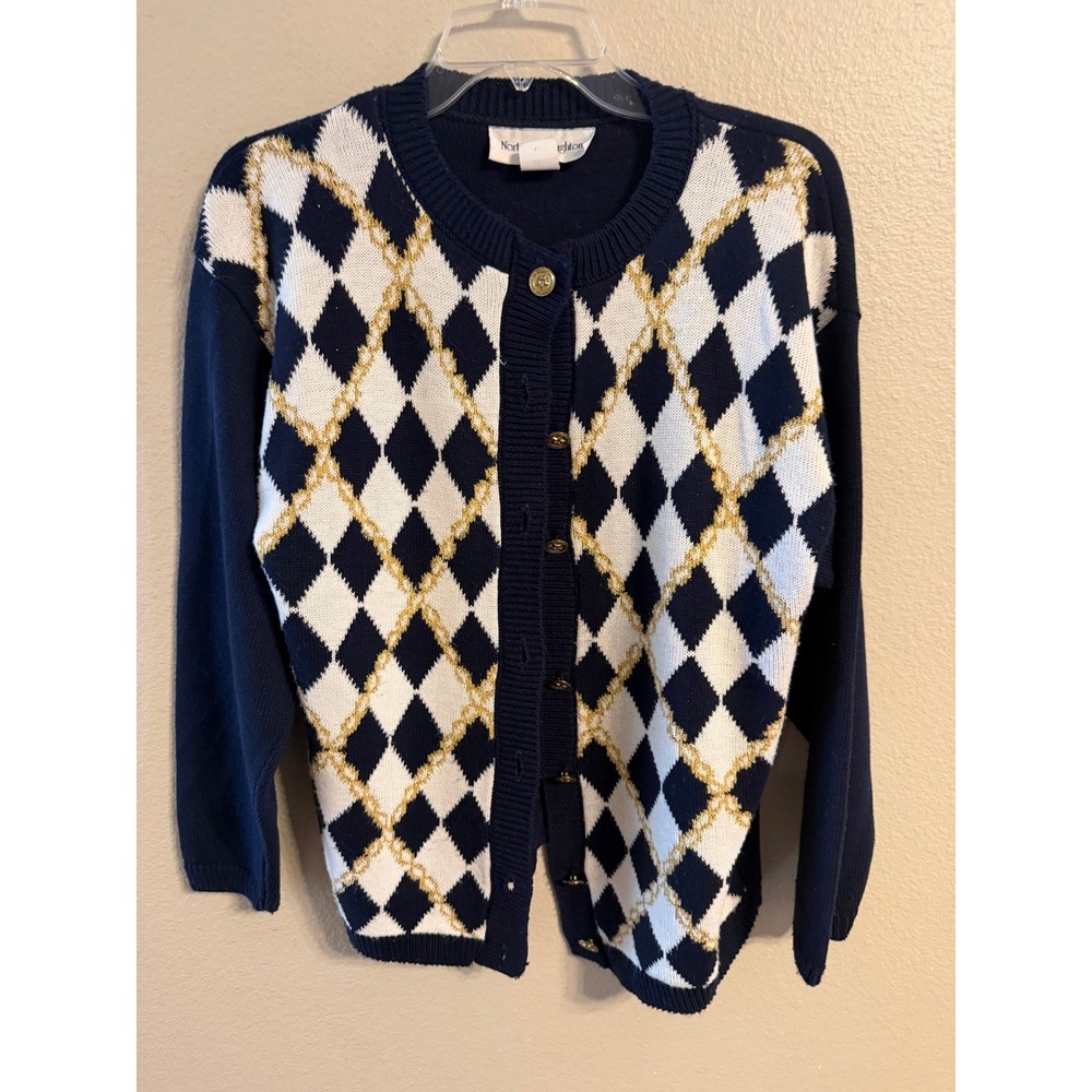 Norton McNaughton Cardigan Sweater Navy Blue White Gold Argyle Knit Button Front